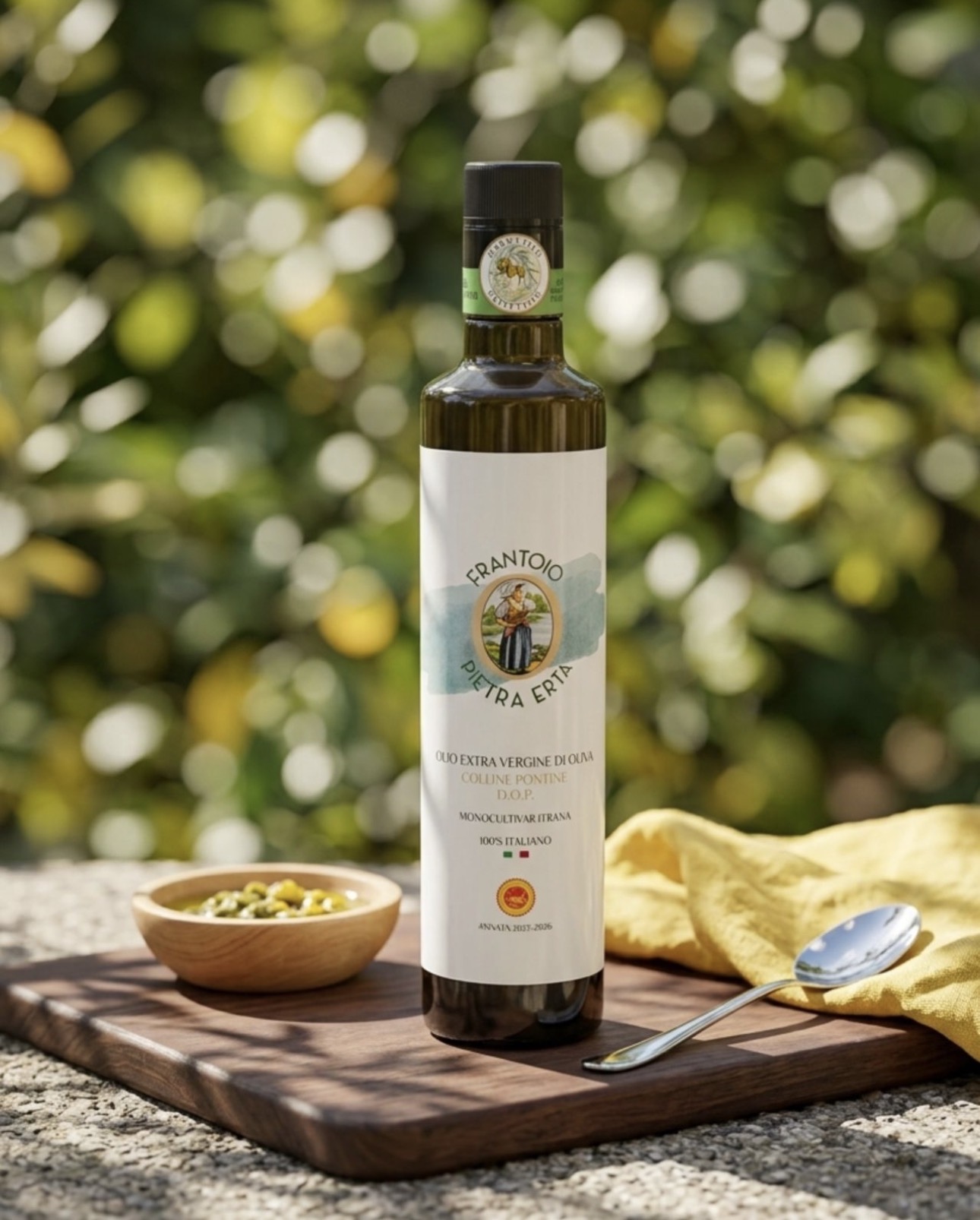 Frantoio Pietra Erta — Extra Virgin Olive Oil bottle on wooden board